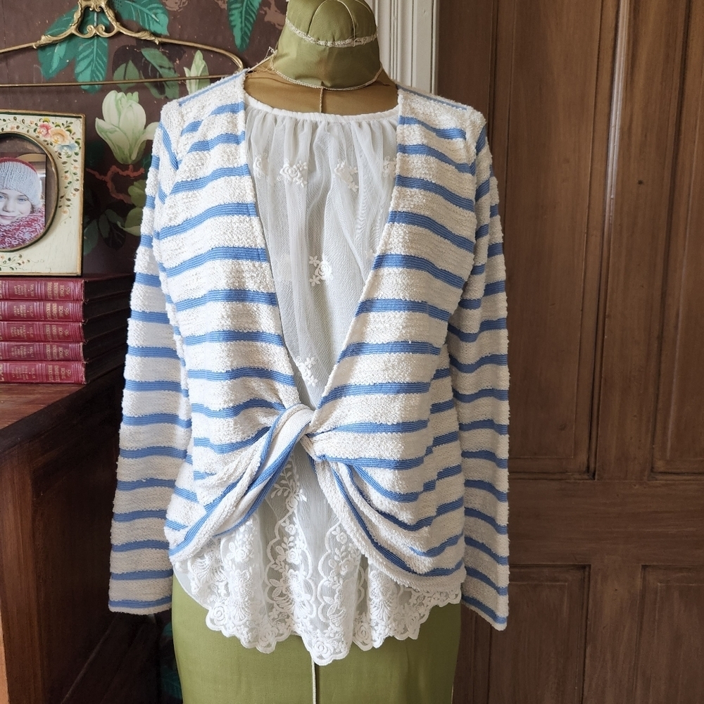 Anthropologie Blue & White Textured Stripe Lace Top Boho Layered Blouse Size Med